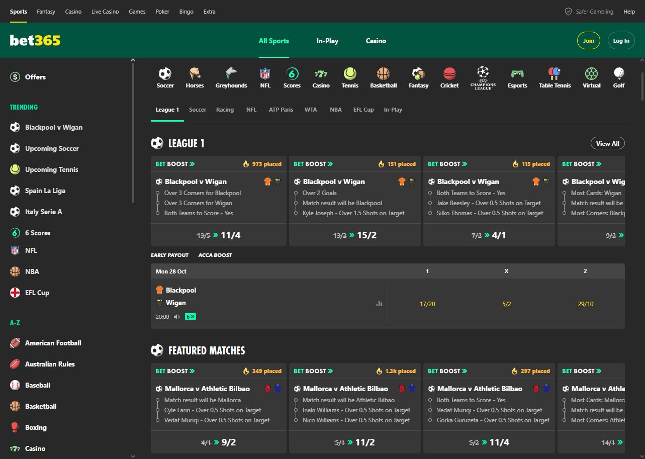 A host of sports betting options at bet365.