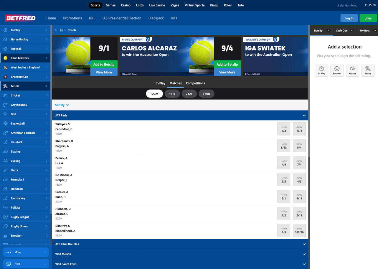 Betfred tennis betting homepage