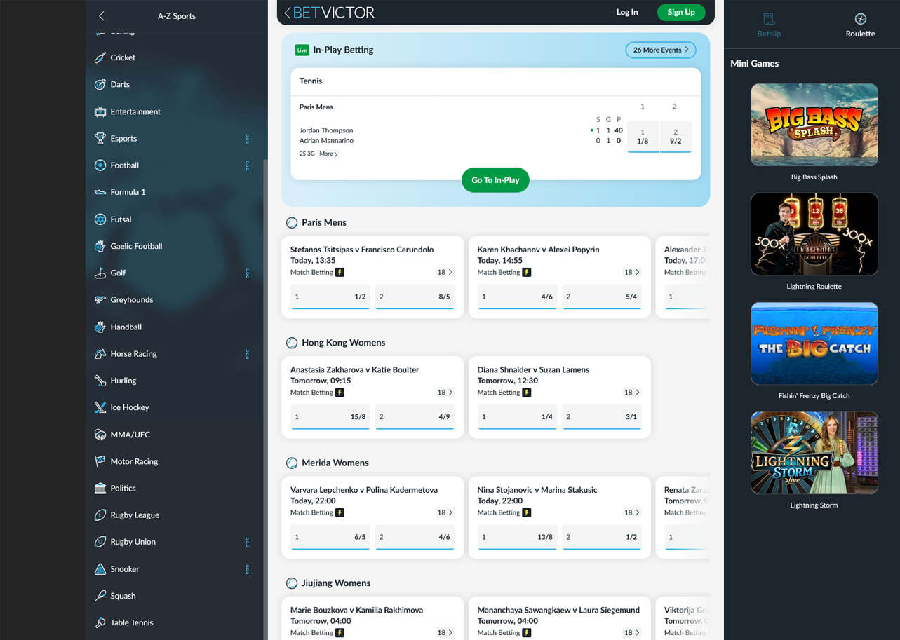 BetVictor tennis betting homepage