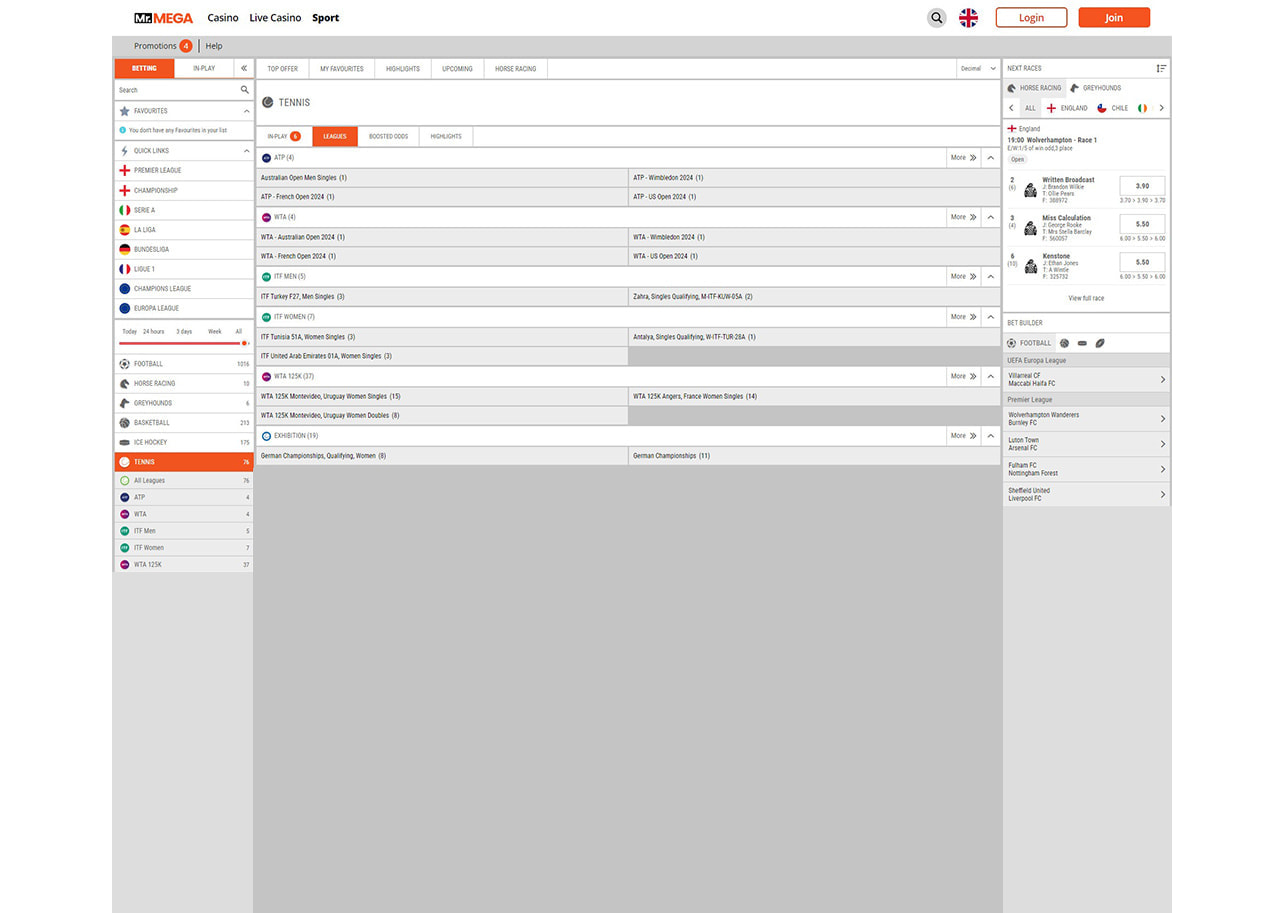 MrMega tennis betting homepage