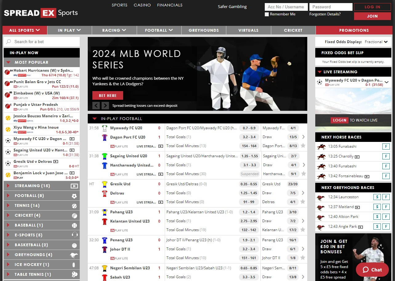 The Spreadex sports betting homepage.