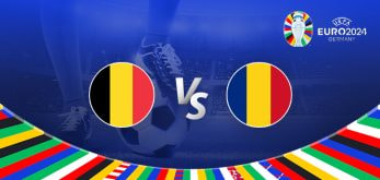 Promotional graphic for the Euro 2024 football match between Belgium and Romania. It features the national flags of Belgium (black, yellow, and red vertical stripes) and Romania (blue, yellow, and red vertical stripes) positioned on either side of a large "Vs" in the center. The background shows a football stadium under bright lights, with a close-up of a player's leg and a football at the bottom. The Euro 2024 logo and "Germany" are displayed in the top right corner, and the bottom edge has a colorful border with various national flags.