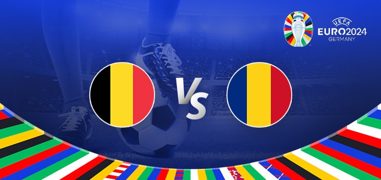 Promotional graphic for the Euro 2024 football match between Belgium and Romania. It features the national flags of Belgium (black, yellow, and red vertical stripes) and Romania (blue, yellow, and red vertical stripes) positioned on either side of a large "Vs" in the center. The background shows a football stadium under bright lights, with a close-up of a player's leg and a football at the bottom. The Euro 2024 logo and "Germany" are displayed in the top right corner, and the bottom edge has a colorful border with various national flags.