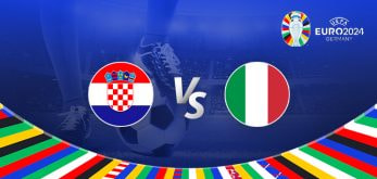 The image is a promotional graphic for the Euro 2024 football match between Croatia and Italy. It features the national flags of Croatia (a red and white checkered shield with a blue background) and Italy (a green, white, and red vertical tricolor) positioned on either side of a large "Vs" in the center. In the background, there is a football stadium under bright lights with a close-up of a player's leg and a football. The Euro 2024 logo and the word "Germany" are displayed in the top right corner, while a colorful border with various national flags decorates the bottom edge.