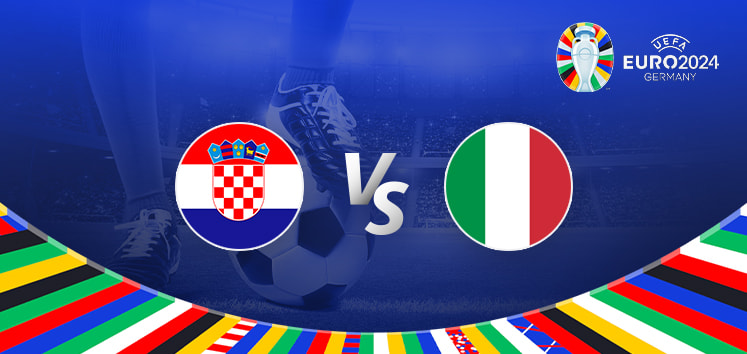 The image is a promotional graphic for the Euro 2024 football match between Croatia and Italy. It features the national flags of Croatia (a red and white checkered shield with a blue background) and Italy (a green, white, and red vertical tricolor) positioned on either side of a large "Vs" in the center. In the background, there is a football stadium under bright lights with a close-up of a player's leg and a football. The Euro 2024 logo and the word "Germany" are displayed in the top right corner, while a colorful border with various national flags decorates the bottom edge.