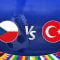 The image is a promotional graphic for the Euro 2024 football match between Czech Republic and Turkey. It prominently features the national flags of the Czech Republic on the left and Turkey on the right, with a large "Vs" in the center indicating the matchup. In the background, there is a football stadium illuminated under bright lights, creating an energetic and vibrant atmosphere. The Euro 2024 logo is displayed in the top right corner, emphasizing the branding of the tournament. The bottom of the image is decorated with a colorful border showcasing various national flags, adding to the festive and international spirit of the event. A close-up of a player's legs and a football is visible in the background, symbolizing the competitive nature of the upcoming match.