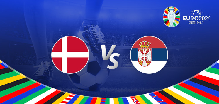 The image is a promotional graphic for the Euro 2024 football match between Denmark and Serbia. It features the national flag of Denmark on the left and the national flag of Serbia on the right, with a large "Vs" in the center indicating the matchup. In the background, there is a football stadium under bright lights, creating an energetic atmosphere. The top right corner displays the Euro 2024 logo, emphasizing the tournament's branding. The bottom edge is decorated with a colorful border showcasing various national flags. A close-up of a player's leg and a football is visible in the background, highlighting the competitive nature of the upcoming match.