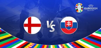 This promotional graphic for the Euro 2024 football match between England and Slovakia features an engaging design that captures the event's excitement. The central part of the image showcases the national flags of England (white with a red cross) on the left and Slovakia (white, blue, and red with a double cross) on the right, separated by a large "Vs" in white text. Below the flags is a colorful arc composed of multiple national flags, reflecting the tournament's international nature. The background depicts a packed stadium with blue tones and spotlights, enhancing the sense of a major sporting event. In the foreground, a close-up of a player's foot on a football adds immediacy and action. The Euro 2024 logo is integrated at the top right, branding the event. The overall composition uses light and shadow to create depth and focus on the central clash between England and Slovakia.