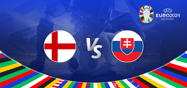 This promotional graphic for the Euro 2024 football match between England and Slovakia features an engaging design that captures the event's excitement. The central part of the image showcases the national flags of England (white with a red cross) on the left and Slovakia (white, blue, and red with a double cross) on the right, separated by a large "Vs" in white text. Below the flags is a colorful arc composed of multiple national flags, reflecting the tournament's international nature. The background depicts a packed stadium with blue tones and spotlights, enhancing the sense of a major sporting event. In the foreground, a close-up of a player's foot on a football adds immediacy and action. The Euro 2024 logo is integrated at the top right, branding the event. The overall composition uses light and shadow to create depth and focus on the central clash between England and Slovakia.