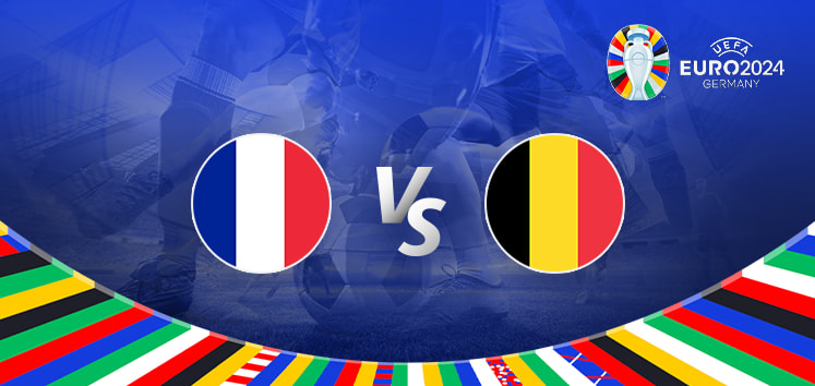 The promotional graphic for the Euro 2024 football match between France and Belgium features a vibrant and dynamic design. At the center of the image are the national flags of France (a blue, white, and red tricolor flag) on the left and Belgium (a black, yellow, and red tricolor flag) on the right. Between the flags is a large "Vs" in white text, signifying the upcoming match between the two teams. The background showcases a football stadium with a blue hue and spotlights, creating an intense and electrifying atmosphere. Below the central elements is a colorful arc composed of various national flags, symbolizing the international nature of the Euro 2024 tournament. The Euro 2024 logo is prominently displayed at the top right, featuring the tournament branding and the host country, Germany. The overall composition uses light and shadow to create depth, emphasizing the central clash between France and Belgium.