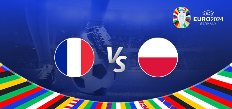 The image is a promotional graphic for the Euro 2024 football match between France and Poland. It features the national flag of France on the left and the national flag of Poland on the right, with a large "Vs" in the center. In the background, there is a football stadium under bright lights. The top right corner displays the Euro 2024 logo, and the bottom edge is decorated with a colorful border showcasing various national flags. A close-up of a player's leg and a football is visible in the background, emphasizing the competitive nature of the upcoming match.