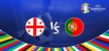 The image is a promotional graphic for the Euro 2024 football match between Georgia and Portugal. It prominently features the national flags of Georgia on the left and Portugal on the right, with a large "Vs" in the center indicating the matchup. In the background, there is a close-up of a player's legs and a football, symbolizing the competitive nature of the upcoming match. The stadium is illuminated under bright lights, creating an energetic and vibrant atmosphere. The Euro 2024 logo is displayed in the top right corner, emphasizing the branding of the tournament. The bottom of the image is decorated with a colorful border showcasing various national flags, adding to the festive and international spirit of the event.