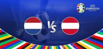 The image is a promotional graphic for the Euro 2024 football match between the Netherlands and Austria. It features the national flags of the Netherlands on the left and Austria on the right, with a large "Vs" in the center. In the background, there is a football stadium under bright lights, and a close-up of a player’s leg and football is visible. The Euro 2024 logo is displayed in the top right corner, and the bottom edge is decorated with a colorful border showcasing various national flags.