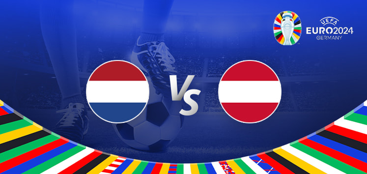 The image is a promotional graphic for the Euro 2024 football match between the Netherlands and Austria. It features the national flags of the Netherlands on the left and Austria on the right, with a large "Vs" in the center. In the background, there is a football stadium under bright lights, and a close-up of a player’s leg and football is visible. The Euro 2024 logo is displayed in the top right corner, and the bottom edge is decorated with a colorful border showcasing various national flags.