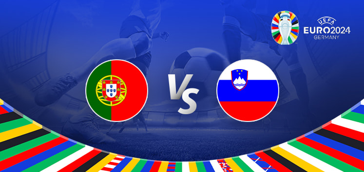The promotional graphic for the Euro 2024 football match between Portugal and Slovenia features a dynamic and vibrant design. At the center of the image are the national flags of Portugal (a green and red flag with the national coat of arms) on the left and Slovenia (a white, blue, and red tricolor flag with a shield containing a mountain and three stars) on the right. Between the flags is a large "Vs" in white text, symbolizing the upcoming match between the two teams. The background showcases a football stadium with a blue hue and spotlights, creating an intense and electrifying atmosphere. Below the central elements is a colorful arc composed of various national flags, symbolizing the international nature of the Euro 2024 tournament. The Euro 2024 logo is prominently displayed at the top right, featuring the tournament branding and the host country, Germany. The overall composition uses light and shadow to create depth, emphasizing the central clash between Portugal and Slovenia.