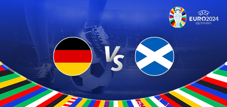 Graphic showing Germany vs Scotland for UEFA Euro 2024. The image features the flags of Germany and Scotland with the UEFA Euro 2024 logo and a football in the background.