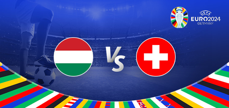 Graphic showing Hungary vs Switzerland for UEFA Euro 2024. The image features the flags of Hungary and Switzerland with the UEFA Euro 2024 logo and a football in the background.