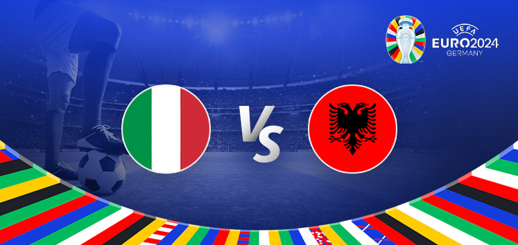 A graphic showing the Italy vs Albania match for UEFA Euro 2024. The image features the flags of Italy and Albania with a football in the background, along with the UEFA Euro 2024 logo and a colourful border representing various national flags.