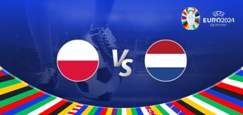 The image depicts a graphic for the Euro 2024 football match between Poland and the Netherlands. It features the national flags of Poland (a white and red horizontal bicolour) and the Netherlands (a red, white, and blue horizontal tricolour) positioned on either side of the letters "Vs" at the centre. In the background, there is a blurred stadium scene with a football at a player's feet. The top right corner displays the Euro 2024 logo with the tournament name and location, "Germany." The bottom of the image is bordered by a colourful array of national flags from various countries, adding a vibrant and festive touch.