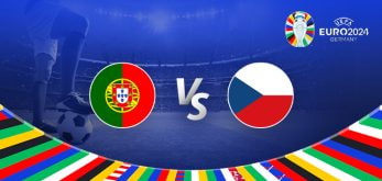 The image is a promotional graphic for the Euro 2024 football match between Portugal and Czechia. It features the national flags of Portugal (a green and red flag with a coat of arms) and Czechia (a white, blue, and red flag) positioned on either side of the letters "Vs" in the centre. The background shows a football stadium under bright lights, with a close-up of a player's leg and a football on the left side. The top right corner displays the Euro 2024 logo along with the tournament name and location, "Germany." The bottom edge is adorned with a colourful border featuring various national flags.