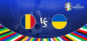 The image is a promotional graphic for the Euro 2024 football match between Romania and Ukraine. It features the national flags of Romania (a vertical tricolour of blue, yellow, and red) and Ukraine (horizontal blue over yellow) positioned on either side of the letters "Vs" in the centre. The background shows a football stadium under bright lights, with a close-up of a player's leg and a football on the left side. The top right corner displays the Euro 2024 logo along with the tournament name and location, "Germany." The bottom of the image is bordered by colourful national flags from various countries, adding a vibrant and festive touch to the graphic.