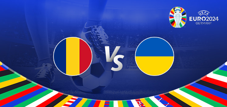 The image is a promotional graphic for the Euro 2024 football match between Romania and Ukraine. It features the national flags of Romania (a vertical tricolour of blue, yellow, and red) and Ukraine (horizontal blue over yellow) positioned on either side of the letters "Vs" in the centre. The background shows a football stadium under bright lights, with a close-up of a player's leg and a football on the left side. The top right corner displays the Euro 2024 logo along with the tournament name and location, "Germany." The bottom of the image is bordered by colourful national flags from various countries, adding a vibrant and festive touch to the graphic.