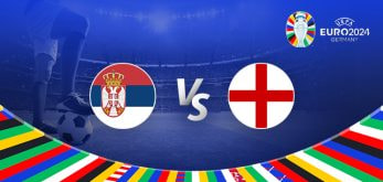 The image depicts a promotional graphic for the Euro 2024 football match between Serbia and England. It features the national flags of Serbia (a red, blue, and white tricolour with the Serbian coat of arms) and England (a white background with a red cross) positioned on either side of the letters "Vs" at the centre. The background shows a football stadium under bright lights with a player’s leg and a football on the left side. The top right corner displays the Euro 2024 logo with the tournament name and location, "Germany." The bottom of the image is bordered by colourful national flags from various countries, adding a vibrant and festive touch.