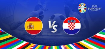 A graphic showing the Spain vs Croatia match for UEFA Euro 2024. The image features the flags of Spain and Croatia with a football in the background, along with the UEFA Euro 2024 logo and a colourful border representing various national flags.