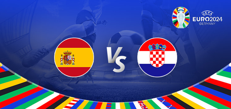 A graphic showing the Spain vs Croatia match for UEFA Euro 2024. The image features the flags of Spain and Croatia with a football in the background, along with the UEFA Euro 2024 logo and a colourful border representing various national flags.