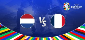 The image is a striking promotional graphic for the highly anticipated Euro 2024 clash between the Netherlands and France. Dominating the scene are the national flags: the Netherlands' vibrant red, white, and blue stripes on the left and France's bold blue, white, and red stripes on the right, flanking a prominent "Vs" in the center. The backdrop features a dramatic, floodlit football stadium, with an intense close-up of a player's leg and the ball at the bottom center. The Euro 2024 logo and "Germany" inscription stand proudly in the top right corner, while a dynamic array of national flags adorns the bottom edge, adding a splash of color and excitement.