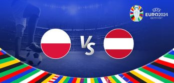 The image is a promotional graphic for the Euro 2024 football match between Poland and Austria. It features the national flags of Poland (a white and red horizontal striped flag) and Austria (a red and white horizontal striped flag). The flags are positioned on either side of a large "Vs" in the center. The background depicts a football stadium under bright lights, with a close-up of a player's leg and a football in the bottom left corner. The top right corner displays the Euro 2024 logo along with the tournament name and location, "Germany." The bottom edge is adorned with a colorful border featuring various national flags.