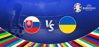 The image is a promotional graphic for the Euro 2024 football match between Slovakia and Ukraine. It features the national flags of Slovakia (a red, white, and blue horizontal striped flag with the Slovak coat of arms) and Ukraine (a blue and yellow horizontal striped flag). The flags are positioned on either side of a large "Vs" in the centre. The background depicts a football stadium under bright lights, with a close-up of a player's leg and a football in the bottom left corner. The top right corner displays the Euro 2024 logo along with the tournament name and location, "Germany." The bottom edge is adorned with a colourful border featuring various national flags.