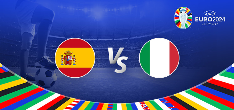 The image is a promotional graphic for the Euro 2024 football match between Spain and Italy. It features the national flags of Spain (a red and yellow horizontal striped flag with the Spanish coat of arms) and Italy (a vertical tricolour of green, white, and red). The flags are positioned on either side of a large "Vs" in the centre. The background depicts a football stadium under bright lights, with a close-up of a player's leg and a football in the bottom left corner. The top right corner displays the Euro 2024 logo along with the tournament name and location, "Germany." The bottom edge is adorned with a colourful border featuring various national flags.
