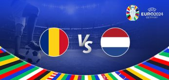 The promotional graphic for the Euro 2024 football match between Romania and the Netherlands features a dynamic and vibrant design. At the center of the image are the national flags of Romania (a blue, yellow, and red tricolor) on the left and the Netherlands (a red, white, and blue tricolor) on the right, with a large "Vs" in white text between them, symbolizing the upcoming clash. The background showcases a football stadium under the evening lights, creating an intense and electrifying atmosphere. Below the central elements is a colorful arc composed of various national flags, representing the international spirit of the Euro 2024 tournament. The Euro 2024 logo is prominently displayed at the top right, featuring the tournament branding and host country, Germany. The overall composition uses light and shadow to create depth, emphasizing the central matchup between Romania and the Netherlands.