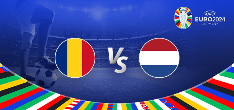 The promotional graphic for the Euro 2024 football match between Romania and the Netherlands features a dynamic and vibrant design. At the center of the image are the national flags of Romania (a blue, yellow, and red tricolor) on the left and the Netherlands (a red, white, and blue tricolor) on the right, with a large "Vs" in white text between them, symbolizing the upcoming clash. The background showcases a football stadium under the evening lights, creating an intense and electrifying atmosphere. Below the central elements is a colorful arc composed of various national flags, representing the international spirit of the Euro 2024 tournament. The Euro 2024 logo is prominently displayed at the top right, featuring the tournament branding and host country, Germany. The overall composition uses light and shadow to create depth, emphasizing the central matchup between Romania and the Netherlands.
