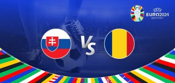 The image is a promotional graphic for the Euro 2024 football match between Slovakia and Romania. It features the national flag of Slovakia on the left and the national flag of Romania on the right, with a large "Vs" in the center indicating the matchup. In the background, there is a football stadium under bright lights, creating an energetic atmosphere. The top right corner displays the Euro 2024 logo, emphasizing the tournament's branding. The bottom edge is decorated with a colorful border showcasing various national flags. A close-up of a player's leg and a football is visible in the background, highlighting the competitive nature of the upcoming match.