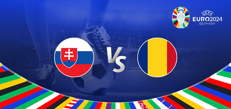 The image is a promotional graphic for the Euro 2024 football match between Slovakia and Romania. It features the national flag of Slovakia on the left and the national flag of Romania on the right, with a large "Vs" in the center indicating the matchup. In the background, there is a football stadium under bright lights, creating an energetic atmosphere. The top right corner displays the Euro 2024 logo, emphasizing the tournament's branding. The bottom edge is decorated with a colorful border showcasing various national flags. A close-up of a player's leg and a football is visible in the background, highlighting the competitive nature of the upcoming match.