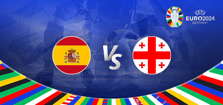 This promotional graphic for the Euro 2024 football match between Spain and Georgia features a dynamic design. The central part of the image showcases the national flags of Spain (a red and yellow flag with the national coat of arms) on the left and Georgia (a white flag with five red crosses) on the right, separated by a large "Vs" in white text. Below the flags is a colorful arc composed of multiple national flags, reflecting the international nature of the tournament. The background depicts a stadium with blue tones and spotlights, enhancing the sense of a major sporting event. The Euro 2024 logo is integrated at the top right, branding the event. The overall composition uses light and shadow to create depth and focus on the central clash between Spain and Georgia.