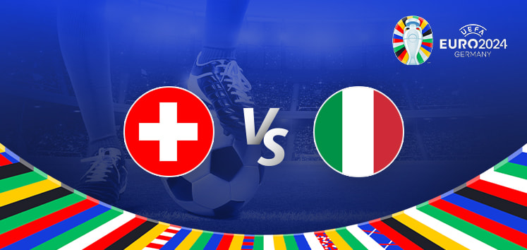 The image is a promotional graphic for the Euro 2024 football match between Switzerland and Italy. It prominently features the national flags of Switzerland on the left and Italy on the right, with a large "Vs" in the center indicating the matchup. In the background, there is a football stadium illuminated under bright lights, creating an energetic and vibrant atmosphere. The Euro 2024 logo is displayed in the top right corner, emphasizing the branding of the tournament. The bottom of the image is decorated with a colorful border showcasing various national flags, adding to the festive and international spirit of the event. A close-up of a player's legs and a football is visible in the background, symbolizing the competitive nature of the upcoming match.