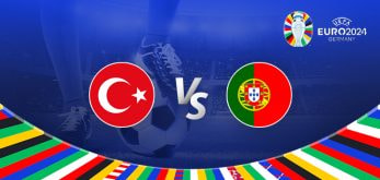 Promotional graphic for the Euro 2024 football match between Turkey and Portugal. It features the national flags of Turkey (red with a white star and crescent) and Portugal (red and green with a coat of arms), positioned on either side of a large 'Vs' in the centre. The background shows a football stadium under bright lights, with a close-up of a player's leg and a football at the bottom. The Euro 2024 logo and 'Germany' are displayed in the top right corner, and the bottom edge has a colourful border with various national flags