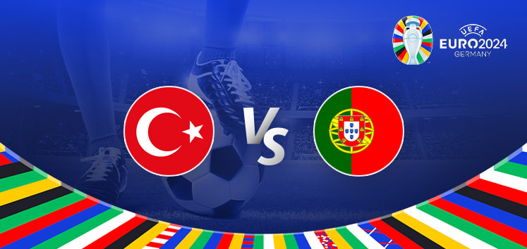 Promotional graphic for the Euro 2024 football match between Turkiye and Portugal. It features the national flags of Turkiye (red with a white star and crescent) and Portugal (red and green with a coat of arms), positioned on either side of a large 'Vs' in the centre. The background shows a football stadium under bright lights, with a close-up of a player's leg and a football at the bottom. The Euro 2024 logo and 'Germany' are displayed in the top right corner, and the bottom edge has a colourful border with various national flags