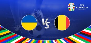 The image is a promotional graphic for the Euro 2024 football match between Ukraine and Belgium. It prominently features the national flags of Ukraine on the left and Belgium on the right, with a large "Vs" in the center indicating the matchup. In the background, there's a football stadium illuminated under bright lights, creating a lively and energetic atmosphere. The top right corner of the image displays the Euro 2024 logo, emphasizing the branding of the tournament. The bottom of the image is decorated with a colorful border showcasing various national flags, adding to the festive and international spirit of the event. A close-up of a player's leg and a football is visible in the background, symbolizing the competitive nature of the upcoming match.