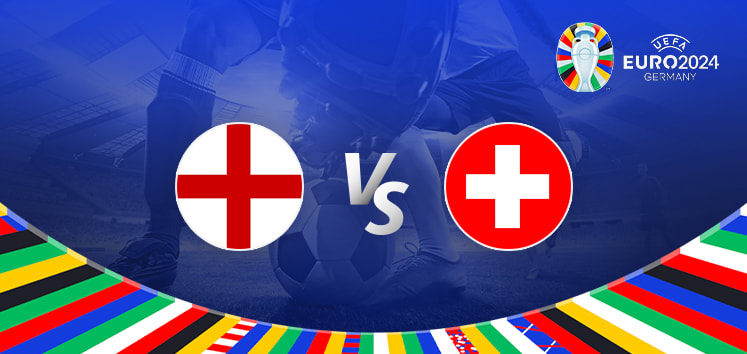 The image shows promotional graphics for the Euro 2024 football match between England and Switzerland. It features the national flags of England and Switzerland prominently in the center with the "vs" symbol between them. The Euro 2024 logo and the text "Germany" are displayed in the top right corner. The background includes silhouettes of football players and a stadium, with vibrant, multicolored patterns at the bottom representing the flags of various participating nations.