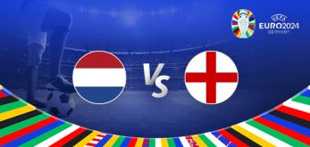 The image shows promotional graphics for the Euro 2024 football match between the Netherlands and England. It features the national flags of the Netherlands and England prominently in the center with a "vs" symbol between them. The Euro 2024 logo and the text "Germany" are displayed in the top right corner. The background includes a football stadium with vibrant, multicolored patterns at the bottom representing the flags of various participating nations.