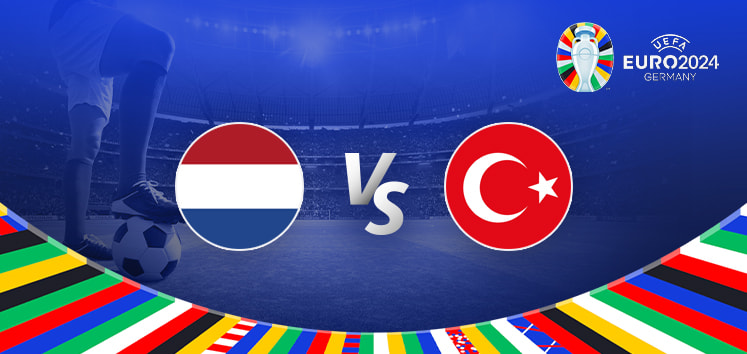 The image shows promotional graphics for the Euro 2024 football match between the Netherlands and Türkiye. It features the national flags of the Netherlands and Türkiye prominently in the center with the "vs" symbol between them. The Euro 2024 logo and the text "Germany" are displayed in the top right corner. The background includes silhouettes of a football player and a stadium, with vibrant, multicolored patterns at the bottom representing the flags of various participating nations.