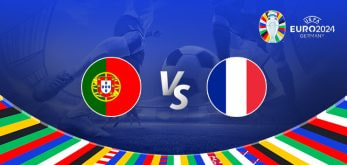 The image shows promotional graphics for the Euro 2024 football match between Portugal and France. It features the national flags of Portugal and France prominently in the center with the "vs" symbol between them. The Euro 2024 logo and the text "Germany" are displayed in the top right corner. The background includes silhouettes of football players and a stadium, with vibrant, multicolored patterns at the bottom representing the flags of various participating nations.