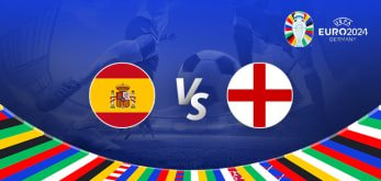 The image shows promotional graphics for the Euro 2024 football final match between Spain and England. It features the national flags of Spain and England prominently in the center with a "vs" symbol between them. The Euro 2024 logo and the text "Germany" are displayed in the top right corner. The background includes a football stadium with vibrant, multicolored patterns at the bottom representing the flags of various participating nations.