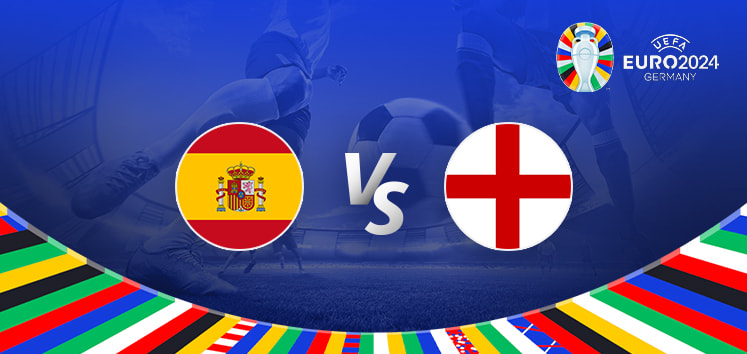 The image shows promotional graphics for the Euro 2024 football final match between Spain and England. It features the national flags of Spain and England prominently in the center with a "vs" symbol between them. The Euro 2024 logo and the text "Germany" are displayed in the top right corner. The background includes a football stadium with vibrant, multicolored patterns at the bottom representing the flags of various participating nations.