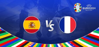 The image shows promotional graphics for the Euro 2024 football match between Spain and France. It features the national flags of Spain and France prominently in the center with a "vs" symbol between them. The Euro 2024 logo and the text "Germany" are displayed in the top right corner. The background includes a football stadium with vibrant, multicolored patterns at the bottom representing the flags of various participating nations.