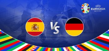 The image is a promotional graphic for a UEFA Euro 2024 match between Spain and Germany. It features the flags of Spain and Germany on either side of the "VS" text in the center. The background shows a blurred image of a soccer player in action on the field. The top right corner displays the UEFA Euro 2024 Germany logo. The bottom part of the image is adorned with a colorful border featuring various national flags.